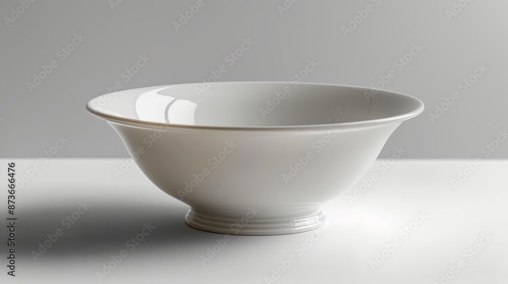white bowl distinguished by its elegant simplicity and superior craftsmanship, notable for its large round base. Positioned on table in studio setup, gentle lighting accentuates its fine details. white bowl distinguished by its elegant simplicity and superior craftsmanship, notable for its large round base. Positioned on table in studio setup, gentle lighting accentuates its fine details.