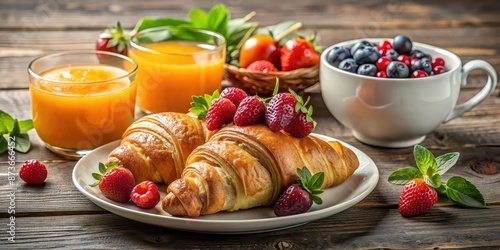 Bright morning photography of a gourmet breakfast plate with croissants, berries, orange juice, and jam on a rustic table