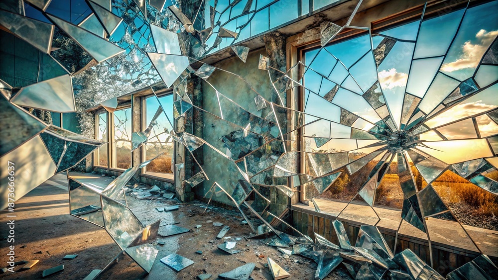 Shattered mirror fragments on a wall reflect a distorted, surreal ...