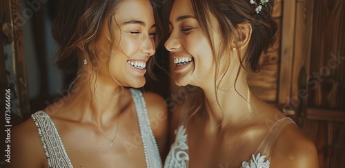 Happy Bride Getting Ready With Her Bridesmaid Before Wedding Ceremony