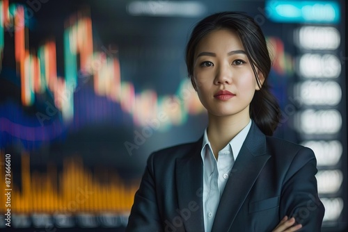 Confident businesswoman in a suit standing before a digital stock market chart, symbolizing financial growth and expertise.