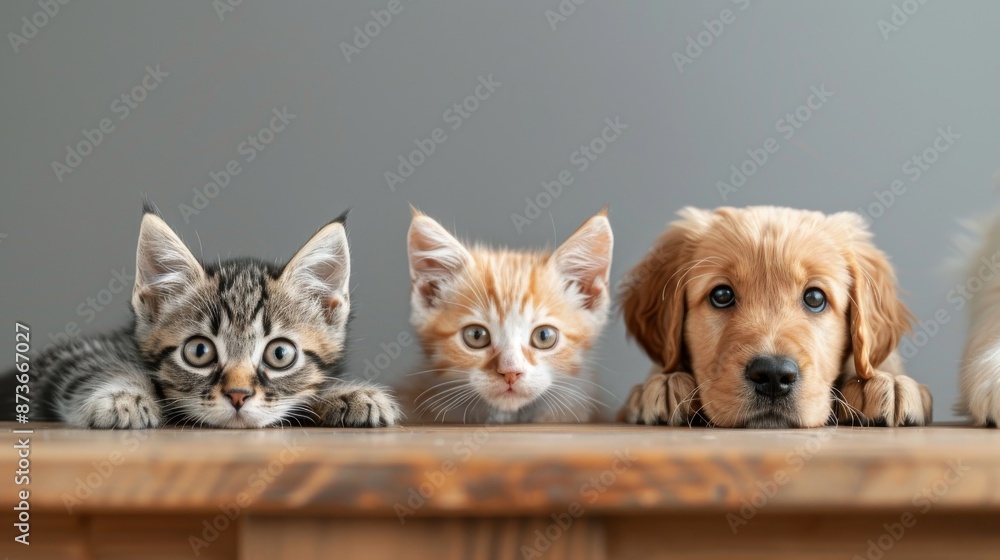 Cute kittens and puppies poke their heads out at the edge of the empty table against a clear background. Innocence and curiosity, simple yet charming. Cute kittens and puppies poke their heads out at the edge of the empty table against a clear background. Innocence and curiosity, simple yet charming.