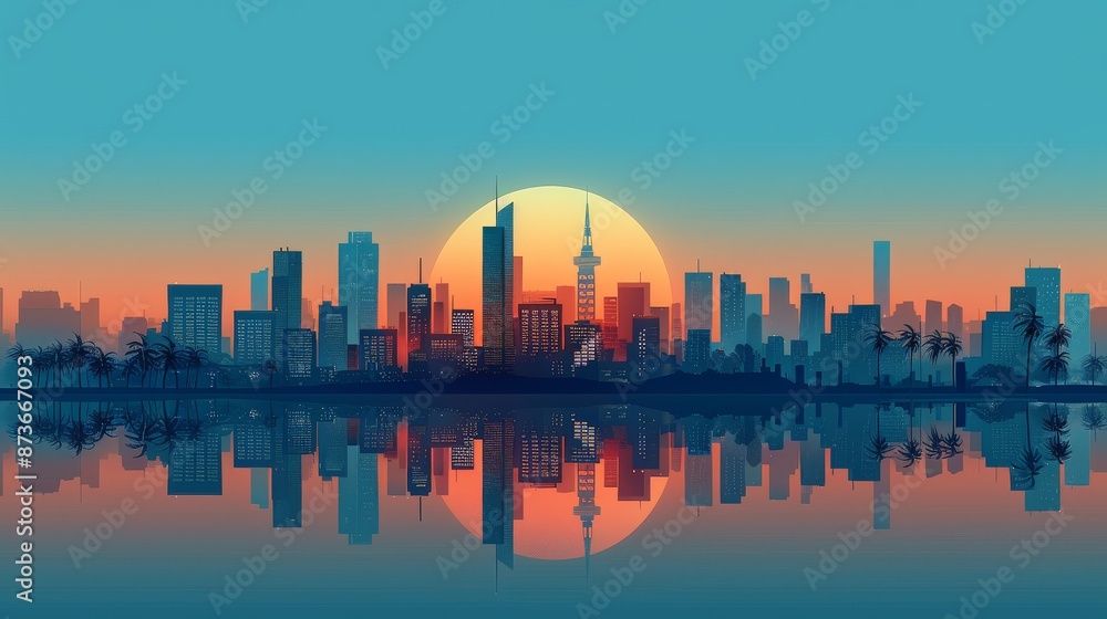 Fototapeta premium Minimalist digital artwork of a cityscape at sunrise featuring simple geometric shapes and a calm color palette with shades of blue and orange, emphasizing modern urban life and tranquility.
