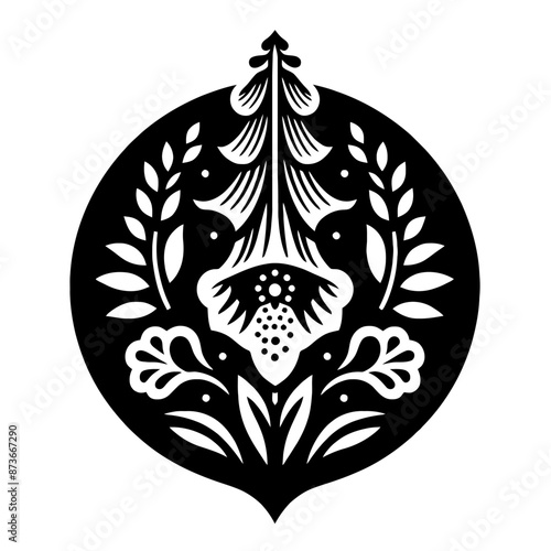 Fox glove flower in decorative emblem ornament, Victorian, art deco, art nouveau, boho, bohemian,  folk, flourish