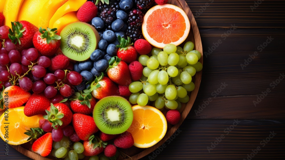 Top view of healthy mixed fruit and ingredients assortment: fresh berries, citrus, and nuts on rustic wooden background, perfect for balanced diet, nutritious recipes, and wellness concepts


