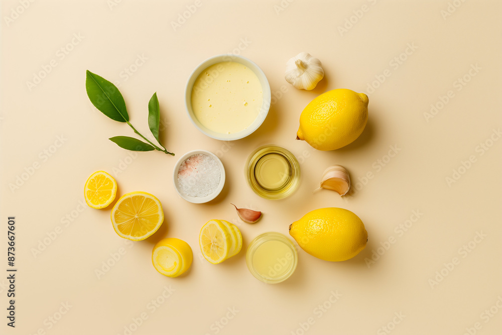 Minimalist display of tahini, lemon juice, water, minced garlic, and salt on a clean, soft-toned background Minimalist display of tahini, lemon juice, water, minced garlic, and salt on a clean, soft-toned background