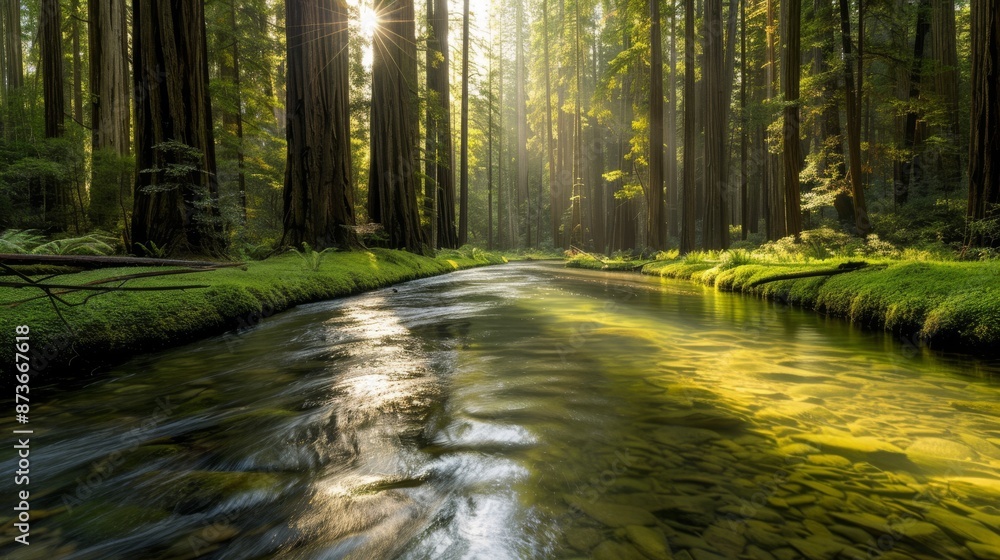 Naklejka premium A tranquil forest scene featuring towering redwood trees with sunlight streaming through the dense canopy casting dappled shadows on a crystalclear stream that winds through the mossy undergrowth