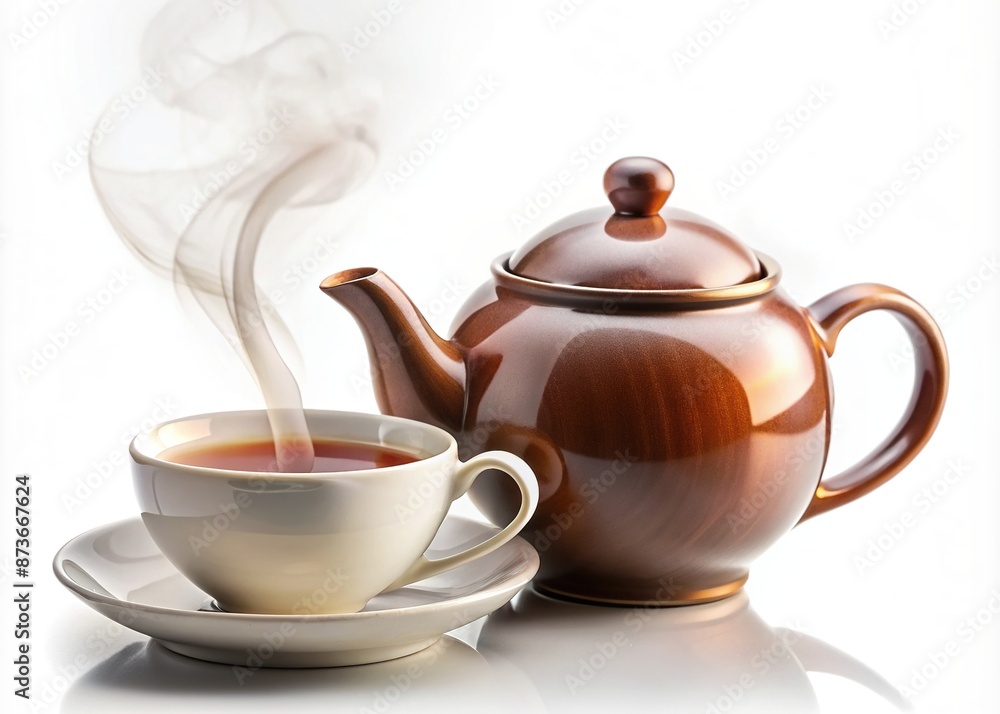 Elegant ceramic teapot with steaming cup of hot tea isolated on a pure white background, showcasing warm inviting aromas and cozy atmosphere. Elegant ceramic teapot with steaming cup of hot tea isolated on a pure white background, showcasing warm inviting aromas and cozy atmosphere.