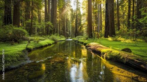 A tranquil forest scene featuring towering redwood trees with sunlight streaming through the dense canopy casting dappled shadows on a crystalclear stream that winds through the mossy undergrowth photo