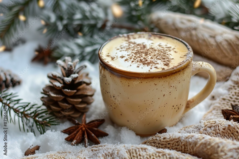 Warm cup of eggnog with snowy pine and holiday lights creates a cozy winter scene Warm cup of eggnog with snowy pine and holiday lights creates a cozy winter scene