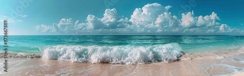 Tropical Beach Scene With White Waves Crashing On Sandy Shore Under Blue Sky