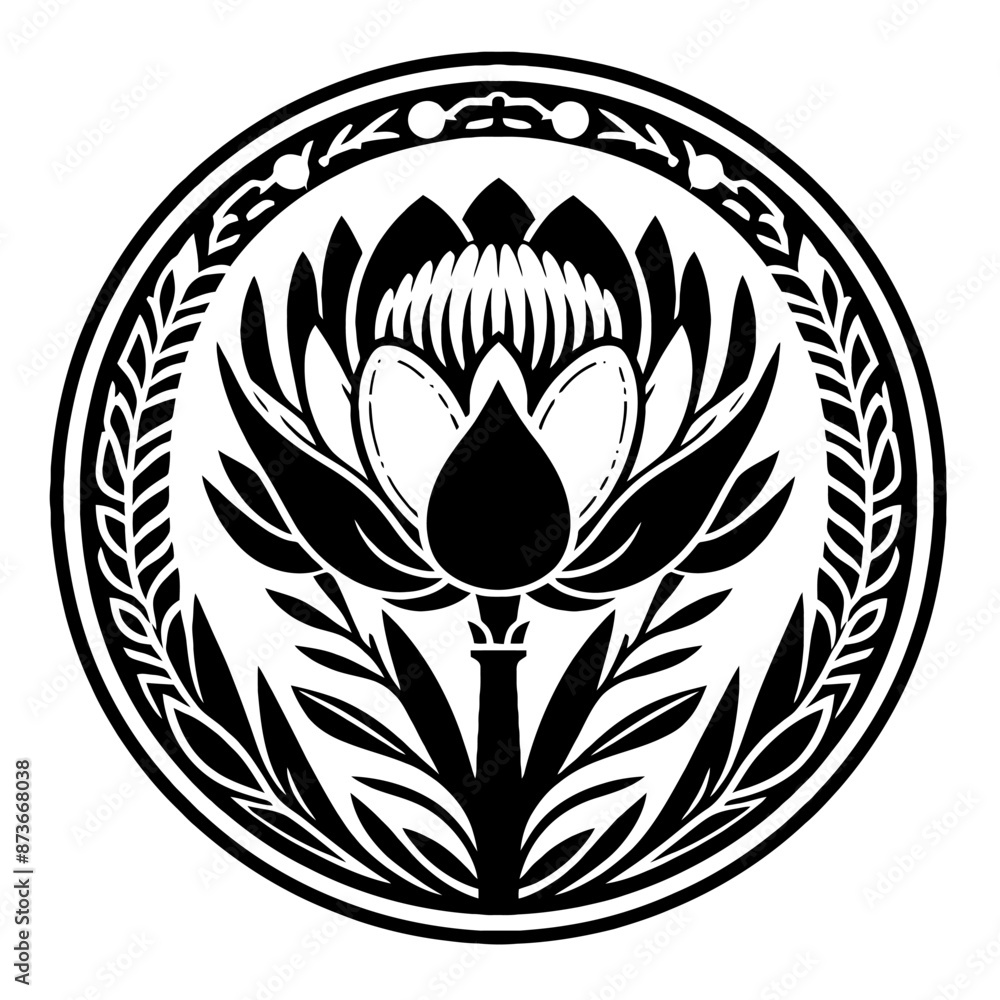 Fototapeta premium King, Protea flower in decorative emblem ornament, Victorian, art deco, art nouveau, boho, bohemian, folk, flourish