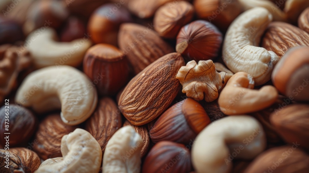 A macro shot of a variety of nuts including whole almonds cashews and hazelnuts ready to be ground into a tasty homemade nut butter. A macro shot of a variety of nuts including whole almonds cashews and hazelnuts ready to be ground into a tasty homemade nut butter.