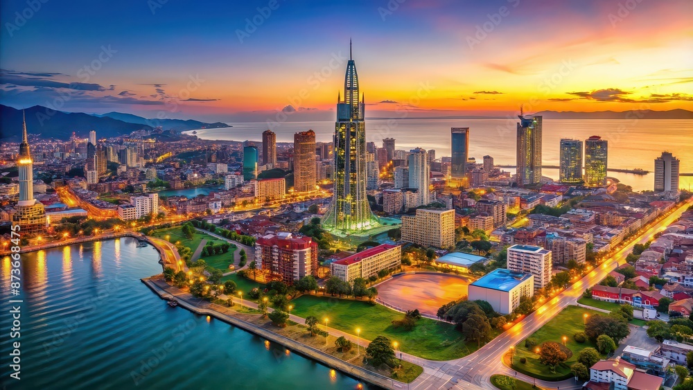 Fototapeta premium Panoramic aerial view of Batumi, Georgia. Downtown and port at dusk, Batumi, Georgia, panoramic, aerial view, cityscape