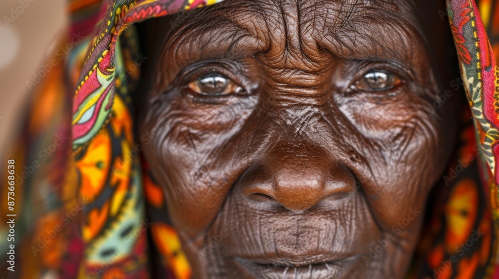 Obraz premium A closeup portrait of an elderly African woman with deep expressive eyes and a radiant smile her face beautifully lined with wrinkles that tell the stories of her rich life experiences wearing a color
