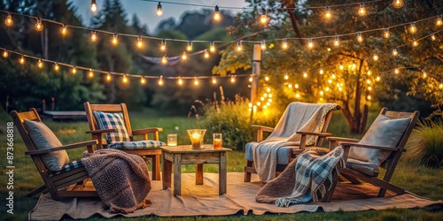 Cozy outdoor setup with string lights and blankets on chairs, outdoors, comfort, charm, cozy, relaxation, ambiance, tranquility