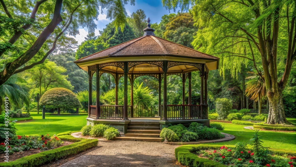 Pavilion surrounded by lush greenery in a park, pavilion, park, greenery, nature, outdoor, summer, relaxation Pavilion surrounded by lush greenery in a park, pavilion, park, greenery, nature, outdoor, summer, relaxation