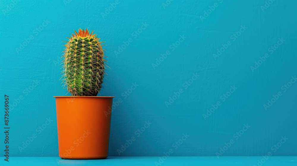Blue background with cactus in an orange pot Blue background with cactus in an orange pot