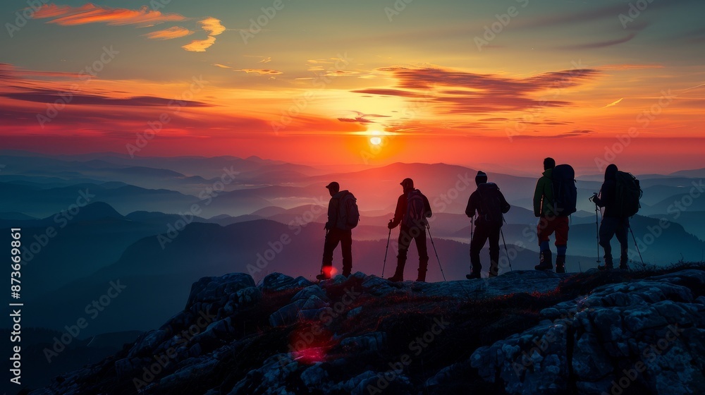 Fototapeta premium Silhouette Photo of Six People on Mountain Summit, Excellent Composition and Lighting
