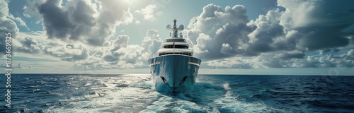 White Luxury Yacht Sailing Under Cloudy Skies