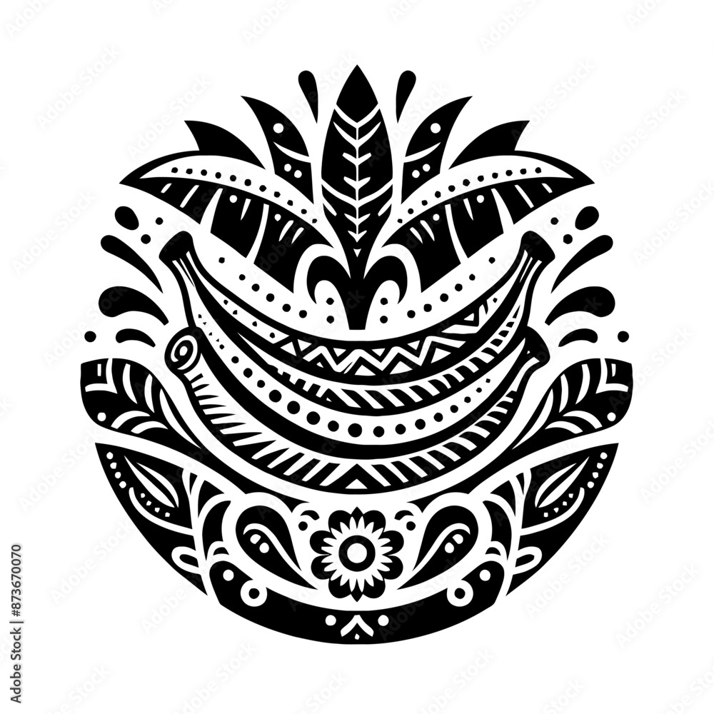 Banana fruit in decorative emblem ornament, Victorian, art deco, art nouveau, boho, bohemian,  folk, flourish