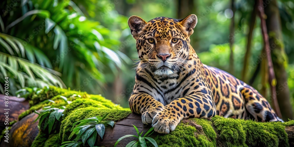 Fototapeta premium Jaguar resting on a rock, Leopard relaxing in the rainforest on a timber covered in moss and looking at the camera