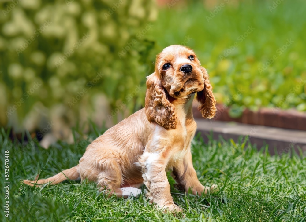A cocker spaniel puppy, a gun dog breed and companion dog, sits in the grass. As a carnivore, it may hunt for liver or other prey as a terrestrial animal