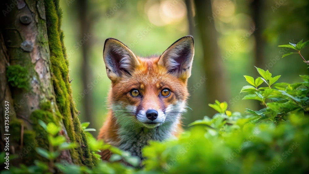 Sly fox hiding in the forest, wildlife, animal, cunning, predator, furry, red fur, cunning eyes, nature, mammal, hunting Sly fox hiding in the forest, wildlife, animal, cunning, predator, furry, red fur, cunning eyes, nature, mammal, hunting