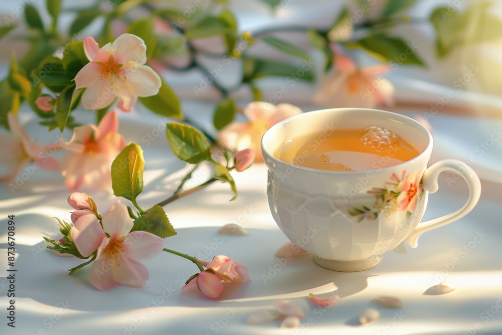traditional English tea and breakfast served in a luxurious porcelain crockery tea cup, against the backdrop of a sunny landscape and blooming flowers. traditional English tea and breakfast served in a luxurious porcelain crockery tea cup, against the backdrop of a sunny landscape and blooming flowers.