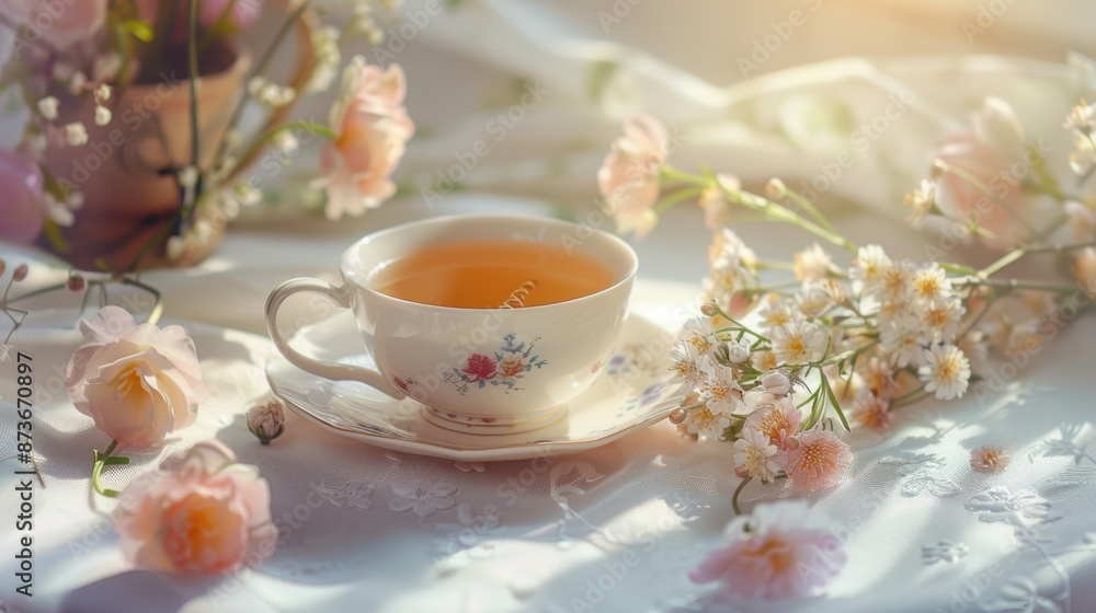 traditional English tea and breakfast served in a luxurious porcelain crockery tea cup, against the backdrop of a sunny landscape and blooming flowers. traditional English tea and breakfast served in a luxurious porcelain crockery tea cup, against the backdrop of a sunny landscape and blooming flowers.