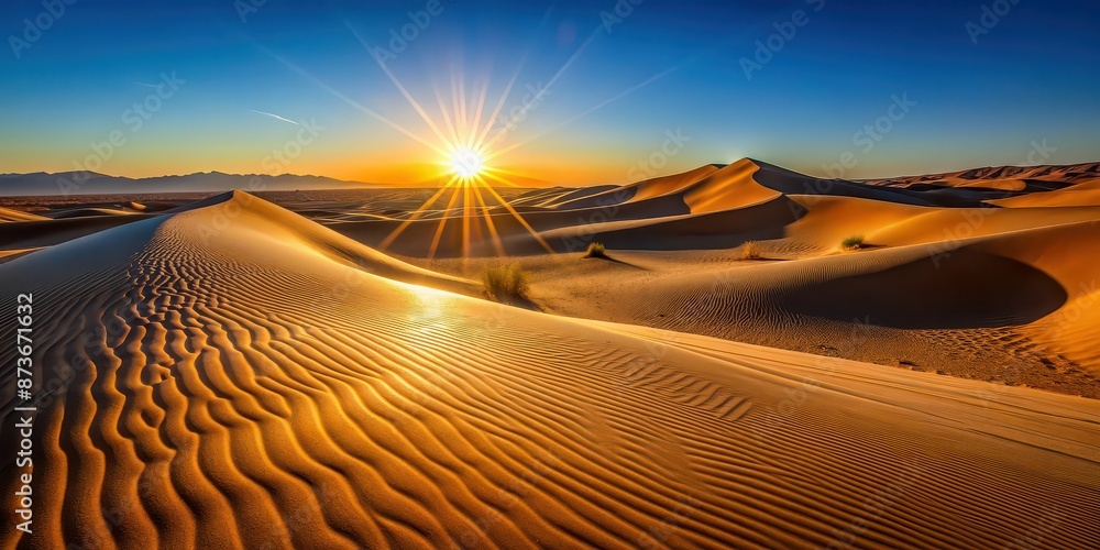 Naklejka premium Sunrise casting vibrant shadows on desert dunes under clear sky, Sunrise, shadows, desert, dunes, vibrant colors, clear sky