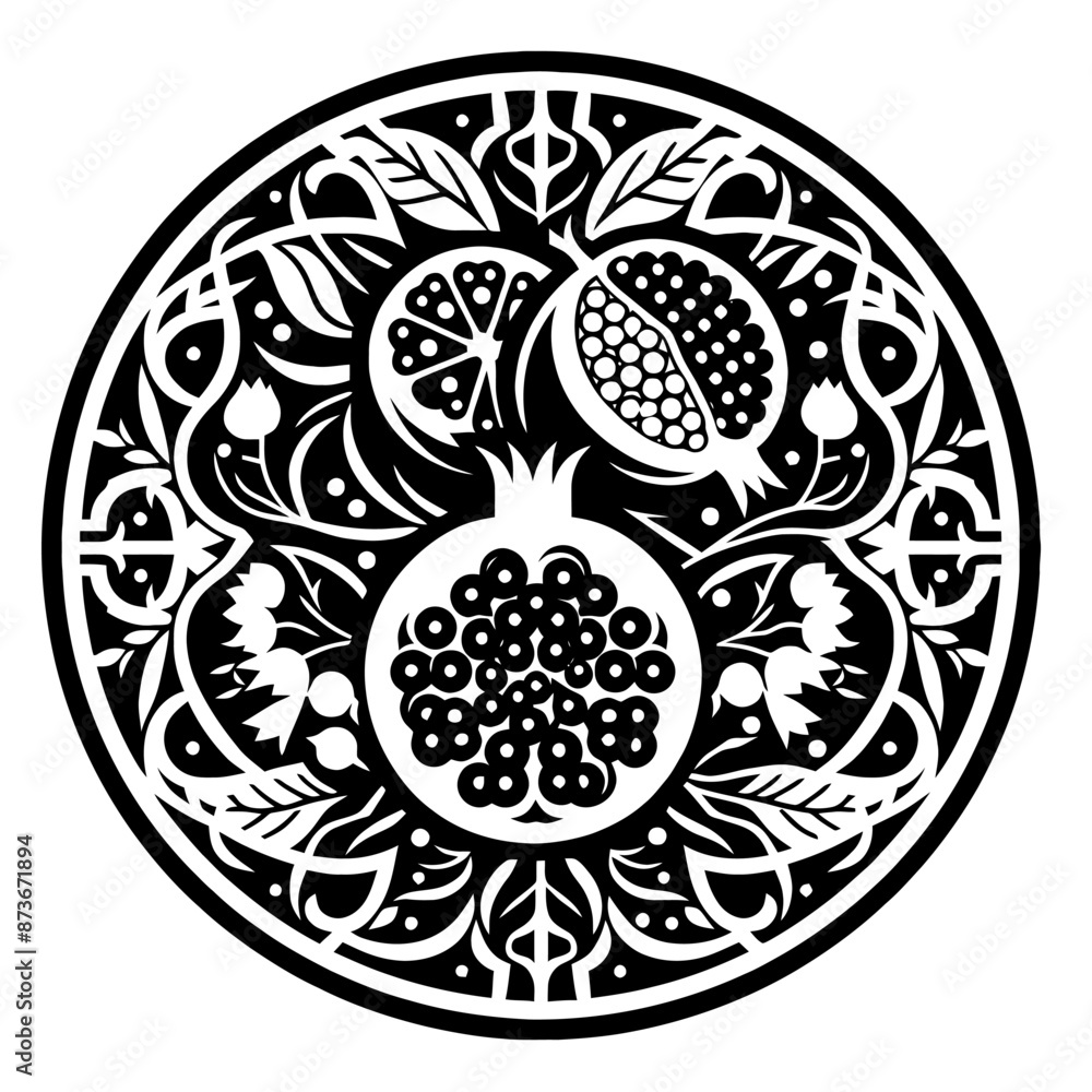 Pomegranate fruit in decorative emblem ornament, Victorian, art deco, art nouveau, boho, bohemian, folk, flourish Pomegranate fruit in decorative emblem ornament, Victorian, art deco, art nouveau, boho, bohemian, folk, flourish