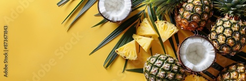 Fresh Pineapple and Coconut Arrangement on Yellow Background