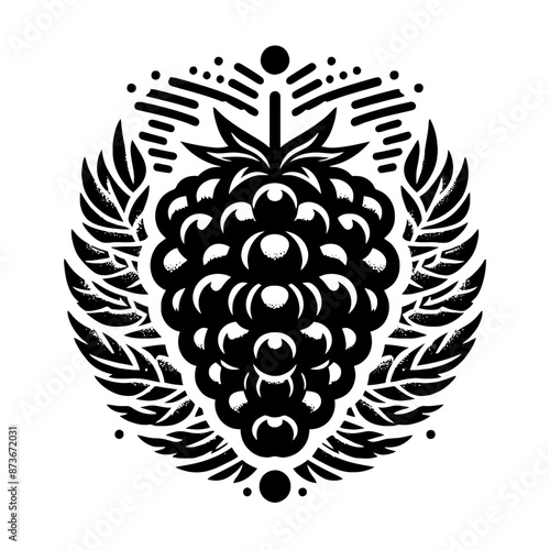 Raspberry fruit in decorative emblem ornament, Victorian, art deco, art nouveau, boho, bohemian,  folk, flourish