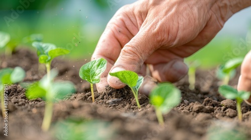 Close-up of a person's hand tending to young green plants growing in soil in an outdoor garden, symbolizing organic gardening and nurturing.