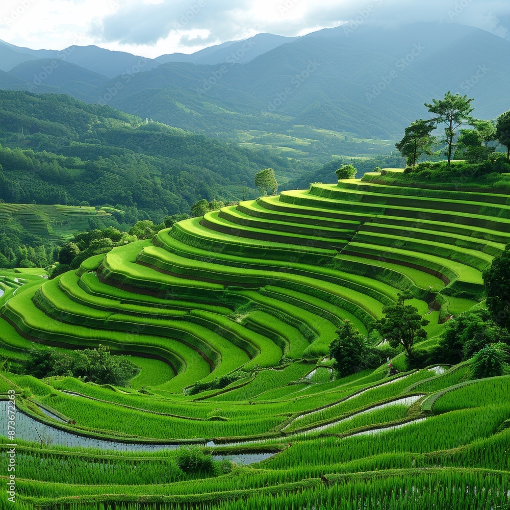 Idyllic Panoramic View of Terraced Rice Fields with Mountainous Backdrop on Isolated Background - Rural Landscape Beauty Concept Idyllic Panoramic View of Terraced Rice Fields with Mountainous Backdrop on Isolated Background - Rural Landscape Beauty Concept