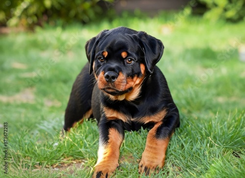 puppy Rottweiler dog in garden. High quality photo