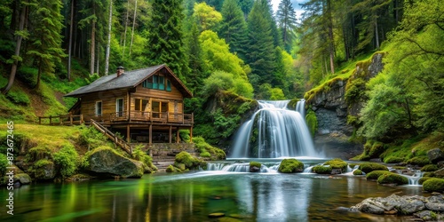 Remote fishing lodge nestled in a lush forest with stunning waterfall views , fishing, lodge, wilderness, nature