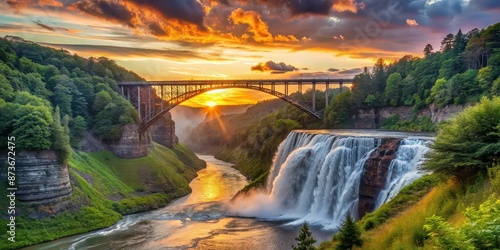 Sunset over the upper falls and arch bridge at Letchworth State Park, sunset, upper falls, arch bridge, Letchworth State Park photo