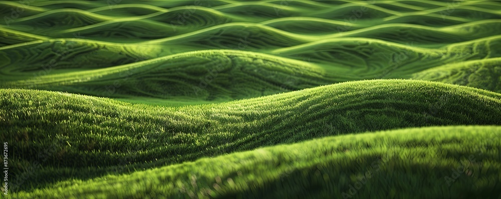 Fototapeta premium Abstract 3D Rendering of Green Grass Waves in the Background, Featuring Green Hills Texture with Wavy Lines for Natural and Eco-Friendly Advertising Design Template, Forest Field Pattern, Wide Banner 