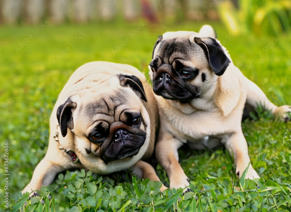 Fototapeta premium cute pair Pugs dog in garden. High quality photo