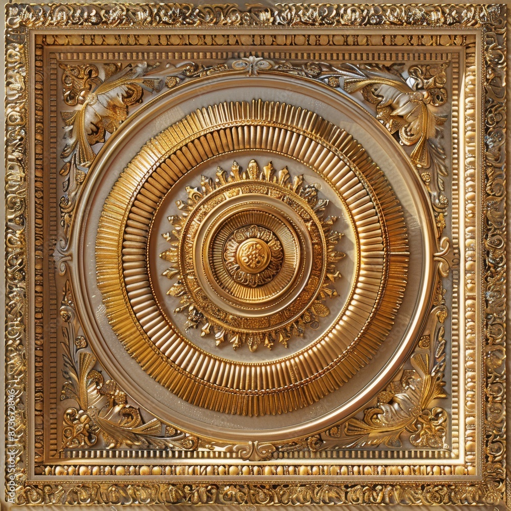 Fototapeta premium Baroque Classical Abstract Marble Framed Ceiling Art with Ornate Border. Luxury Lavish Decor Elements with Seamless Pattern Background Texture