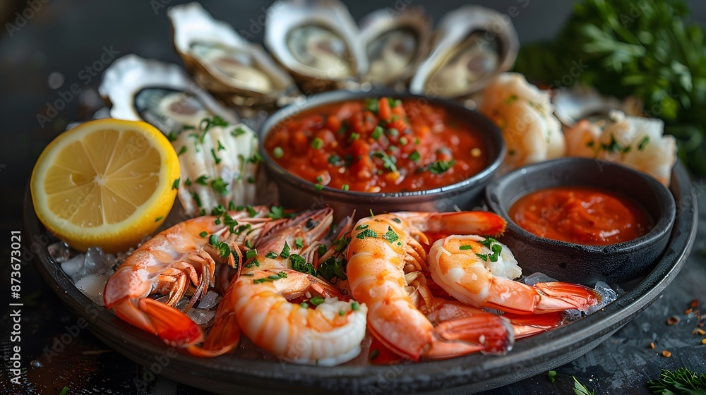 Seafood Platter with Cocktail Sauce and Lemon Seafood Platter with Cocktail Sauce and Lemon