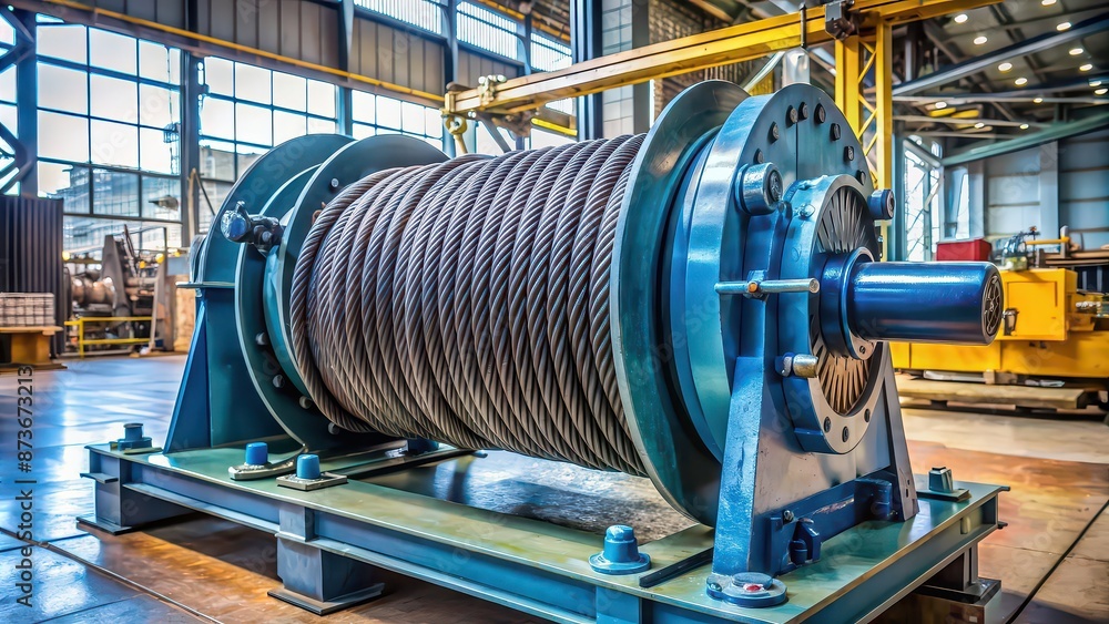 Industrial winch with robust steel cables and mechanical parts , rugged, heavy duty, machinery, equipment, industrial Industrial winch with robust steel cables and mechanical parts , rugged, heavy duty, machinery, equipment, industrial