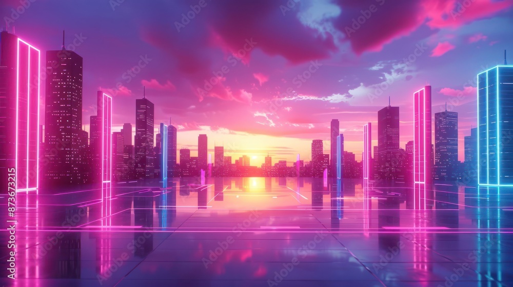 A cityscape with neon lights and a sunset in the background A cityscape with neon lights and a sunset in the background
