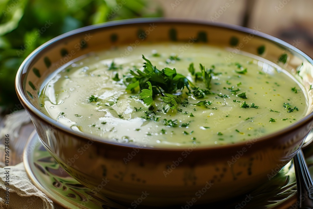 Bowl of homemade soup garnished with fresh herbs on a rustic wooden table Bowl of homemade soup garnished with fresh herbs on a rustic wooden table