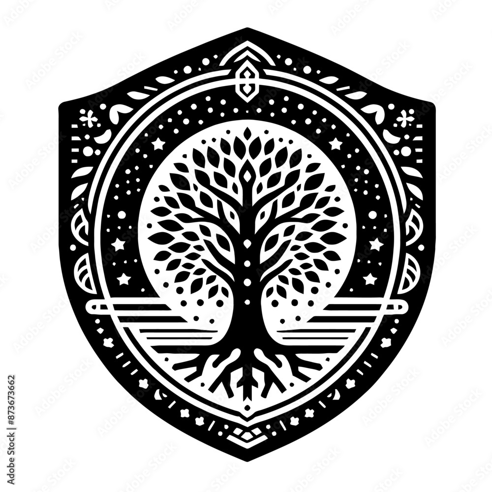 Obraz premium Elm plant, tree in decorative emblem ornament, Victorian, art deco, art nouveau, boho, bohemian, folk, flourish