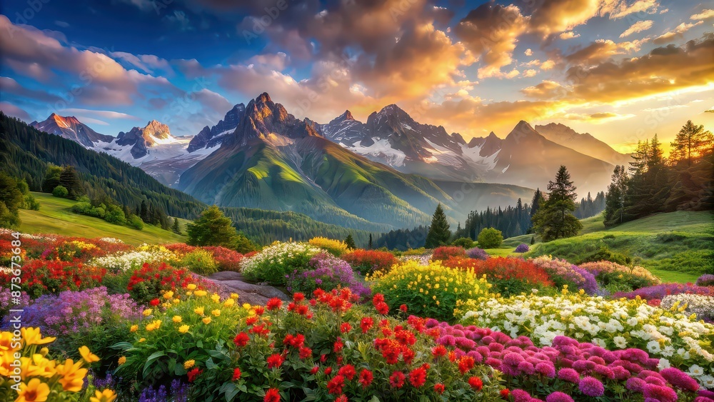 Lush landscape with colorful flowers and majestic mountains in the background, scenic, nature, beauty, wildflowers, bloom Lush landscape with colorful flowers and majestic mountains in the background, scenic, nature, beauty, wildflowers, bloom