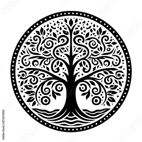 Elm plant, tree in decorative emblem ornament, Victorian, art deco, art nouveau, boho, bohemian,  folk, flourish