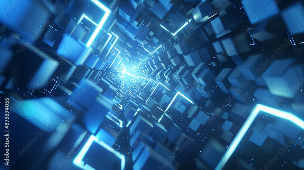 3D , abstract futuristic glow blue white square tunnel background random motion, Concept of big data technology.. 3D , abstract futuristic glow blue white square tunnel background random motion, Concept of big data technology..